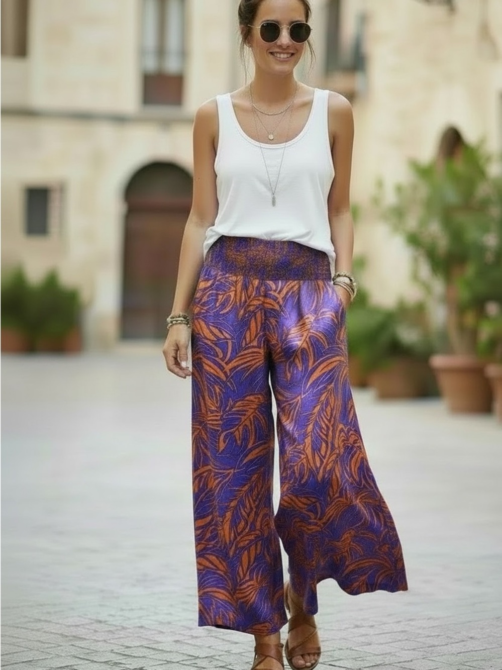 Patrons of Peace Wide Leg Smock Waist Tropical Leaf Print Pants SZ Small Boho